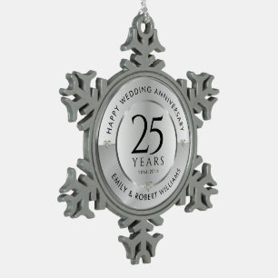 25th wedding anniversary black and silver snowflake pewter christmas ornament