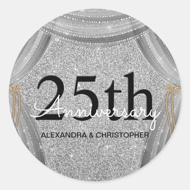 25th Wedding Anniversary Black and Silver Sparkle Classic Round Sticker (Front)