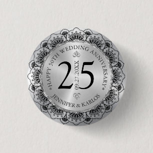 25th wedding anniversary black lace & silver 3 cm round badge