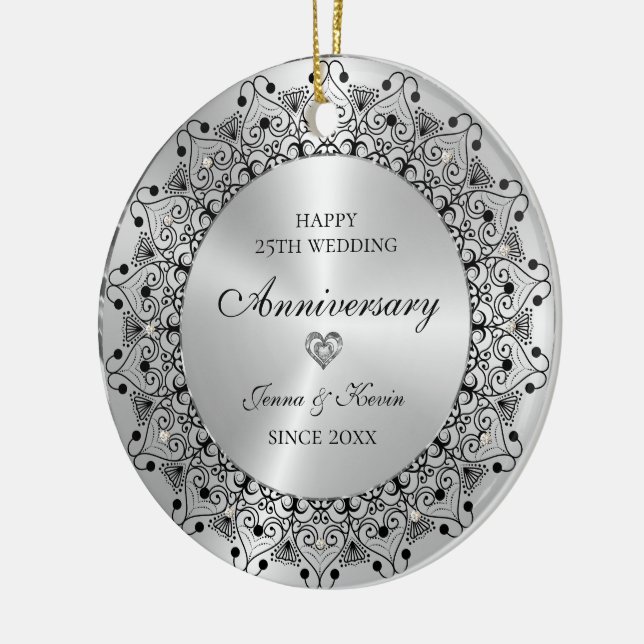 25th Wedding Anniversary Black Mandala On Gold Ceramic Ornament (Left)