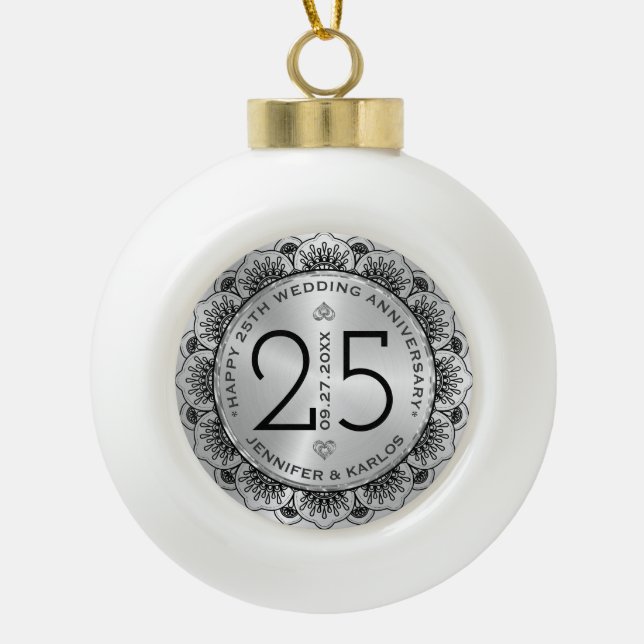25th wedding Anniversary black mandala & silver Ceramic Ball Christmas Ornament (Front)