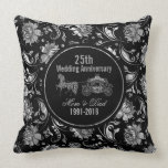 25th Wedding Anniversary-Black & Silver Damasks Cushion<br><div class="desc">25th wedding anniversary customisable elegant metallic silver floral damasks over black background</div>