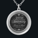 25th Wedding Anniversary Black Silver & Diamonds Silver Plated Necklace<br><div class="desc">Elegant 25th wedding anniversary silver and diamonds glitter print over black background. Silver tones round circle frame. Customisable names and years.</div>