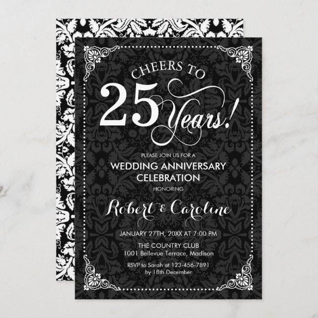 25th Wedding Anniversary - Black White Damask Invitation (Front/Back)
