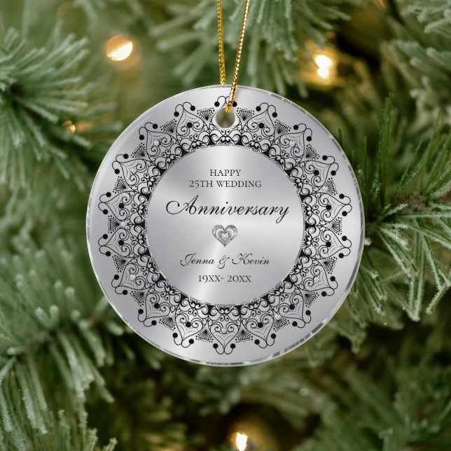 25th Wedding Anniversary BlackMandala On Gold Ceramic Ornament (Tree)