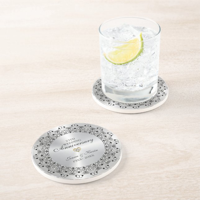 25th Wedding Anniversary BlackMandala On Gold Coaster (Side)