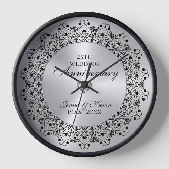 25th Wedding Anniversary BlackMandala On Silver Clock (Front)