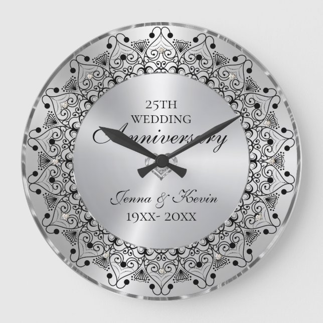 25th Wedding Anniversary BlackMandala On Silver Large Clock (Front)