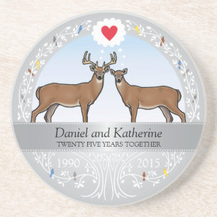 25th Wedding Anniversary, Buck & Doe Personalised Coaster