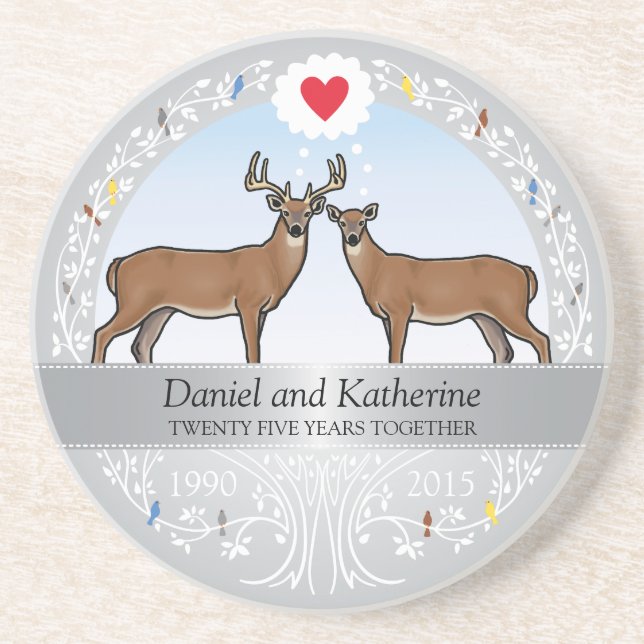 25th Wedding Anniversary, Buck & Doe Personalised Coaster (Front)