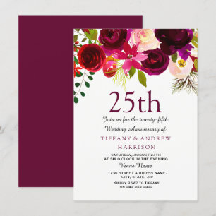 25th Wedding Anniversary Burgundy Flowers Invite