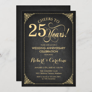 25th Wedding Anniversary - Chalkboard Gold Invitation
