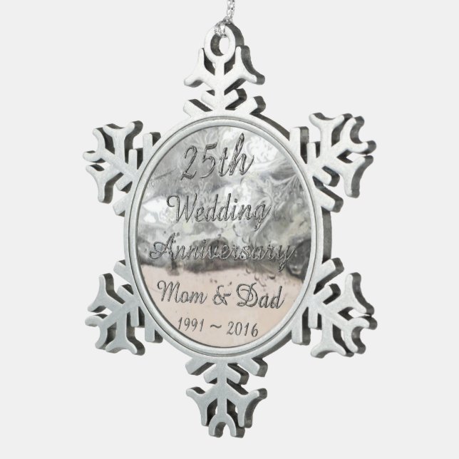 25th Wedding Anniversary Chic Silver Typography Snowflake Pewter Christmas Ornament (Right)