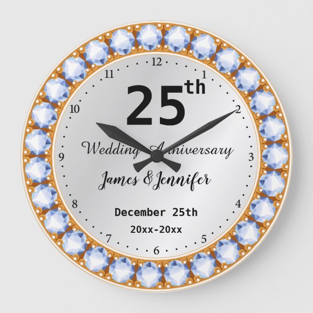 25th Wedding Anniversary diamond Custom Names Large Clock (Front)