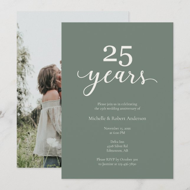 25th wedding Anniversary Elegant Photo Sage Green Invitation (Front/Back)