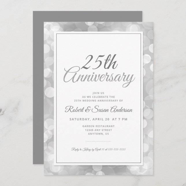 25th Wedding Anniversary | Elegant Silver Bokeh Invitation (Front/Back)