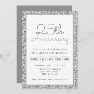 25th Wedding Anniversary Faux Silver Glitter Invitation