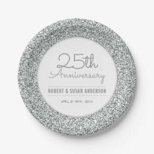 25th Wedding Anniversary Faux Silver Glitter Paper Plate