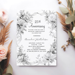 25th wedding anniversary florals silver luxury invitation