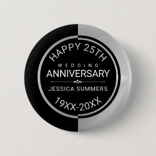 25th Wedding Anniversary Geometric Black & Silver 6 Cm Round Badge