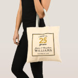 25th Wedding Anniversary Gold Cheers to 25 Years  Tote Bag<br><div class="desc">Celebrate the 25th wedding anniversary with this Cheers to 25 Years wedding anniversary party commemorative tote bag. This modern design features a black and gold border with easy to read text that reads "CHEERS TO 25 years." Customise this item with your first and last names and the date of your...</div>