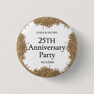 25th Wedding Anniversary Gold Faux Glitter 3 Cm Round Badge