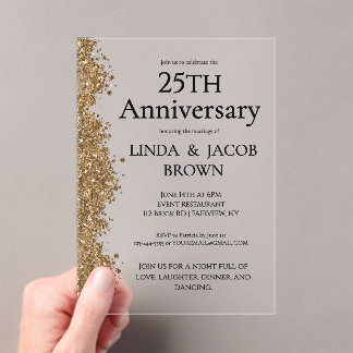 25th Wedding Anniversary Gold Faux Glitter Acrylic Invitations