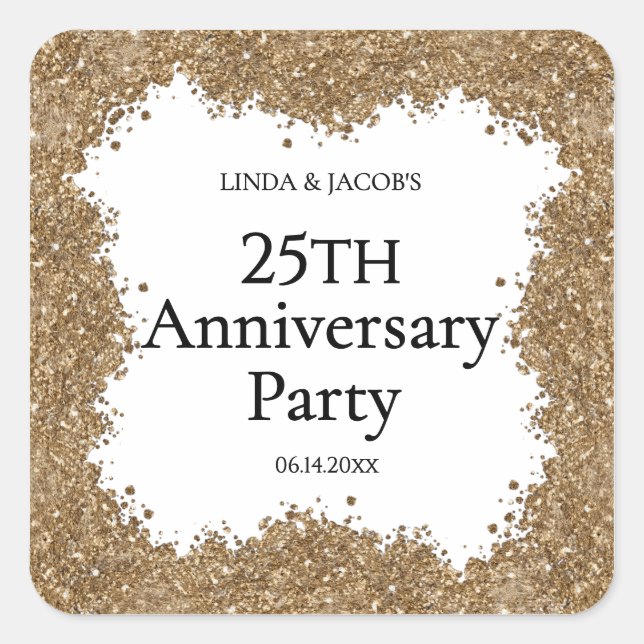 25th Wedding Anniversary Gold Faux Glitter  Square Sticker (Front)