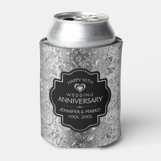 25th Wedding Anniversary & Gold Floral Damasks Can Cooler (Can Front)