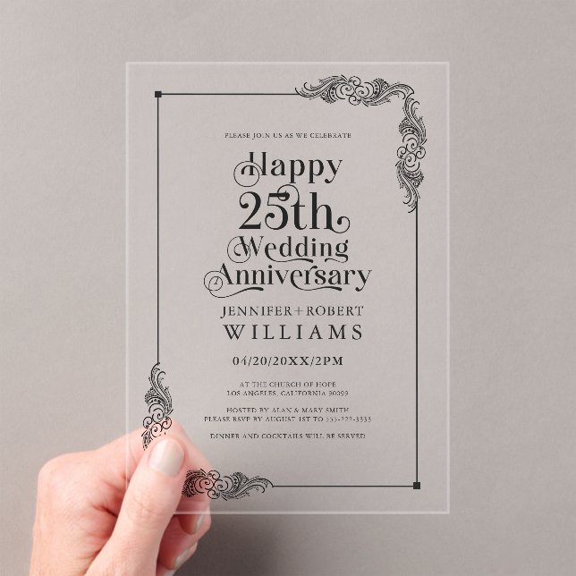 25th Wedding Anniversary Gold Floral Frame Acrylic Invitations (Insitu (Handheld))