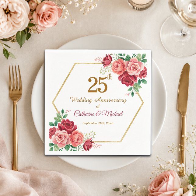 25th Wedding Anniversary Gold Frame Floral Napkin (Creator Uploaded)