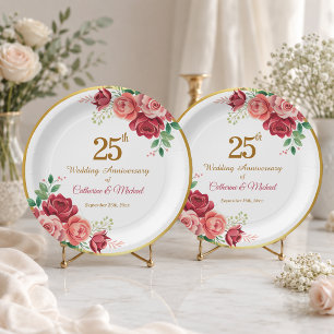 25th Wedding Anniversary Gold Frame Floral Paper Plate