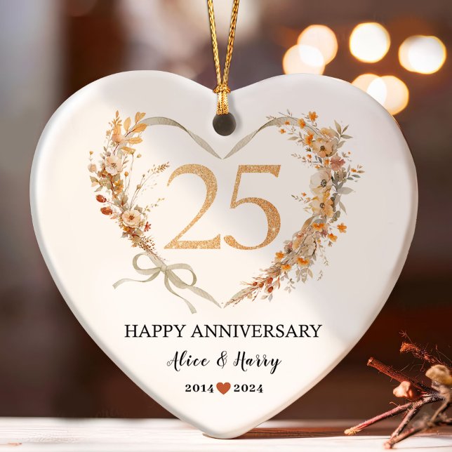 25th Wedding Anniversary Gold Hearts Couple Photo  Ornament (Creator Uploaded)