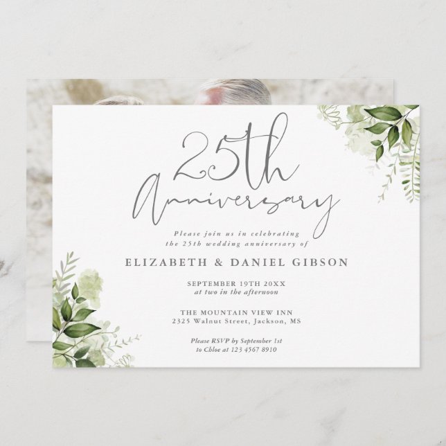 25th Wedding Anniversary Greenery Floral Photo Invitation (Front/Back)