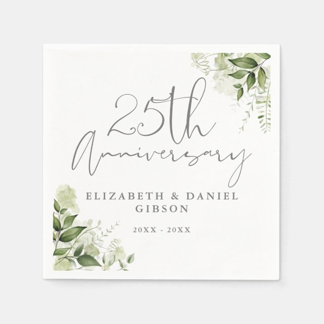 25th Wedding Anniversary Greenery Silver Script Napkin (Front)