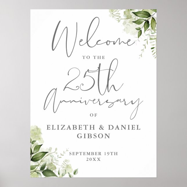 25th Wedding Anniversary Greenery Welcome Sign (Front)