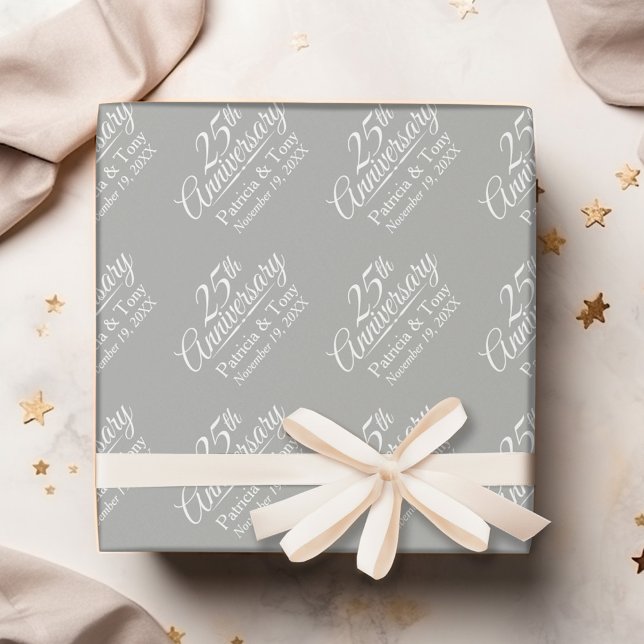 25th Wedding Anniversary - Grey Background Wrapping Paper (Personalized Wedding Anniversary Wrapping Paper)