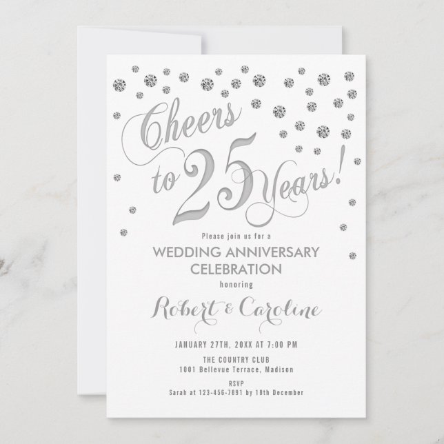 25th Wedding Anniversary Invitation - Silver White (Front)