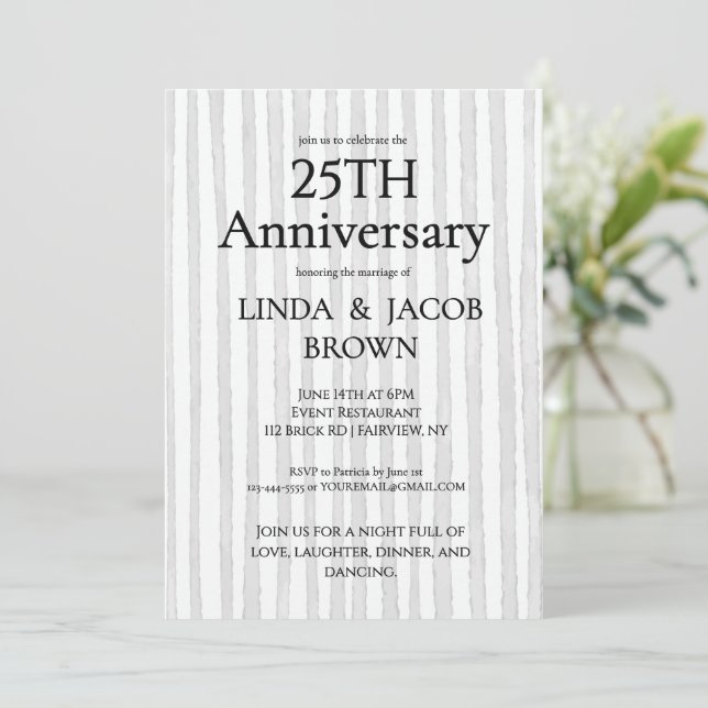 25th Wedding Anniversary Light Grey Silver Stripes Invitation (Standing Front)