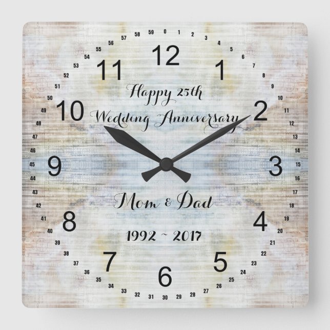 25th Wedding Anniversary Marble Pattern Square Wall Clock (Front)