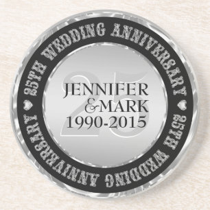 25Th Wedding Anniversary Metallic Silver & Black 2 Coaster