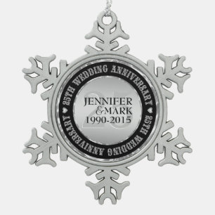 25Th Wedding Anniversary Metallic Silver & Black 2 Snowflake Pewter Christmas Ornament