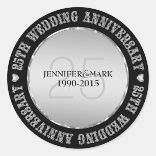 25Th Wedding Anniversary  Metallic Silver & Black Classic Round Sticker
