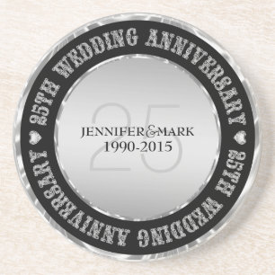 25Th Wedding Anniversary Metallic Silver & Black Coaster