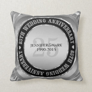 25Th Wedding Anniversary Metallic Silver & Black Cushion