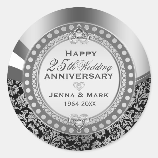 25th Wedding Anniversary Ornament Black & Silver Classic Round Sticker (Front)
