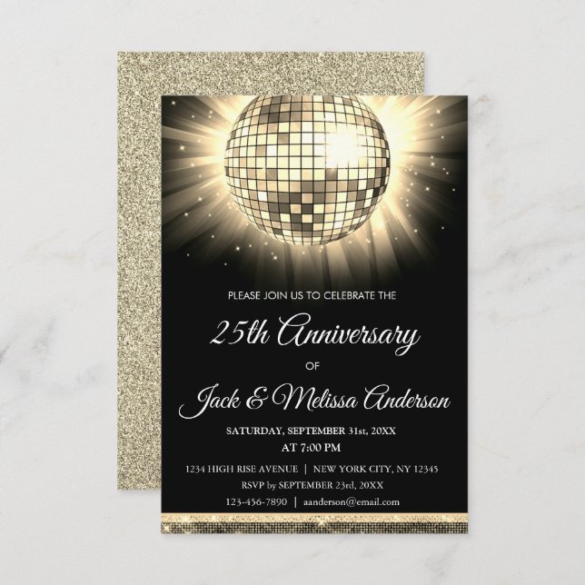 25th Wedding Anniversary Party Gold Disco Ball Invitation (Front/Back)