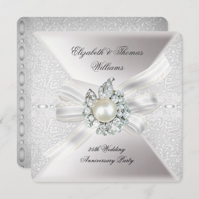 25th Wedding Anniversary Party Lace Pearl White Invitation (Front/Back)