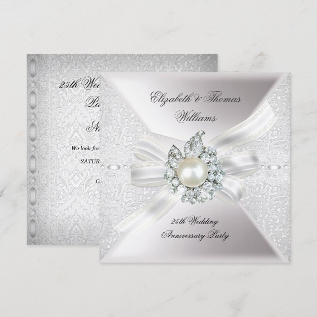 25th Wedding Anniversary Party Lace Pearl White Invitation (Front/Back)