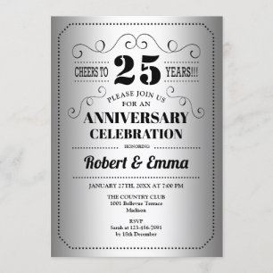 25th Wedding Anniversary Party - Silver Black Invitation